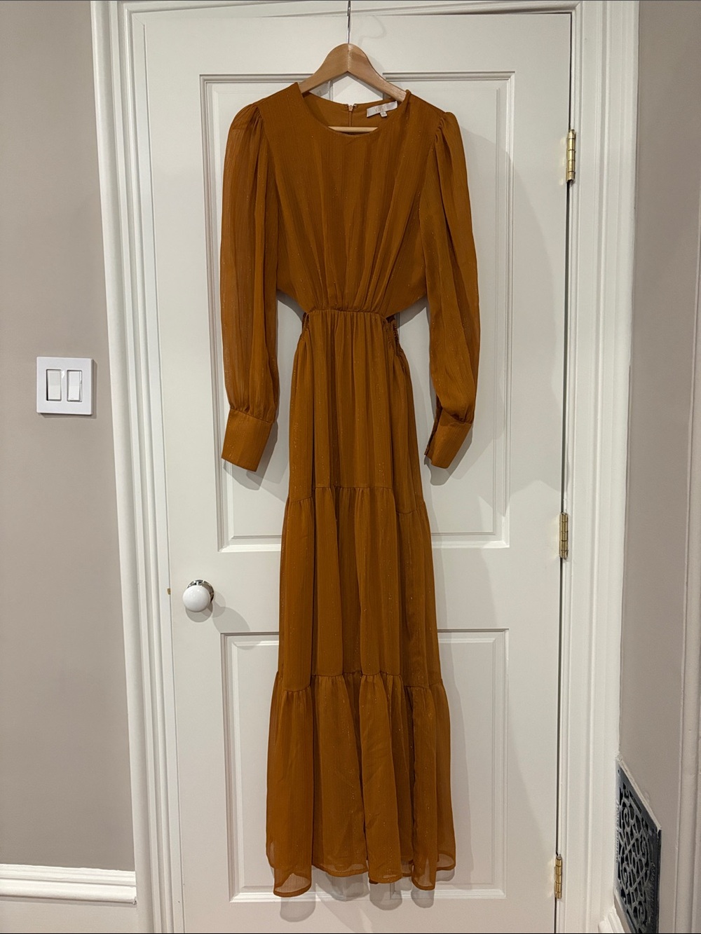 Wayf Tiered Long Sleeve Maxi Dress in Rust
